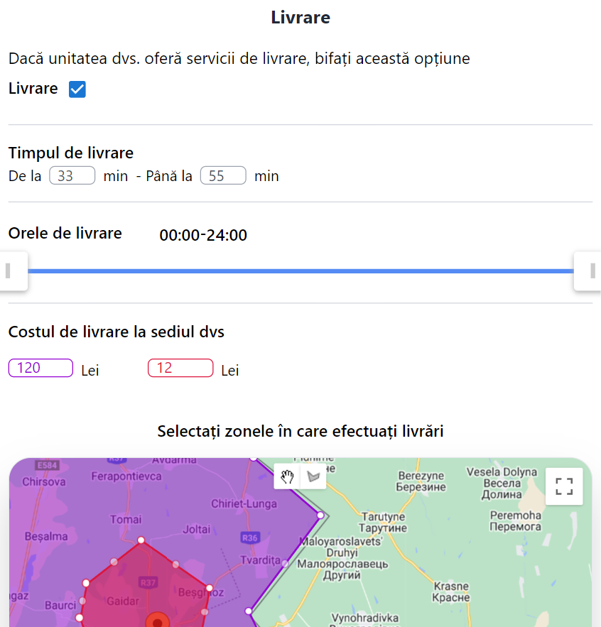 Configurarea zonei și a orei de livrare a restaurantului
